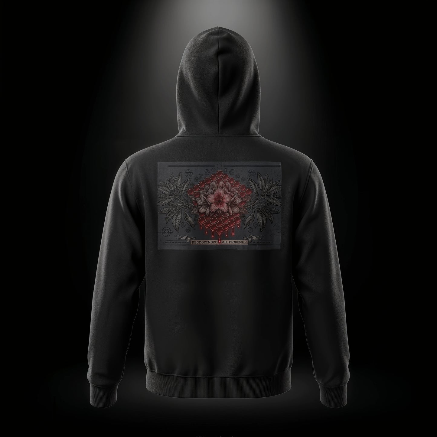 Rhododendron Mel Florentis — Hoodie Negro — Vista trasera con gráfico botánico