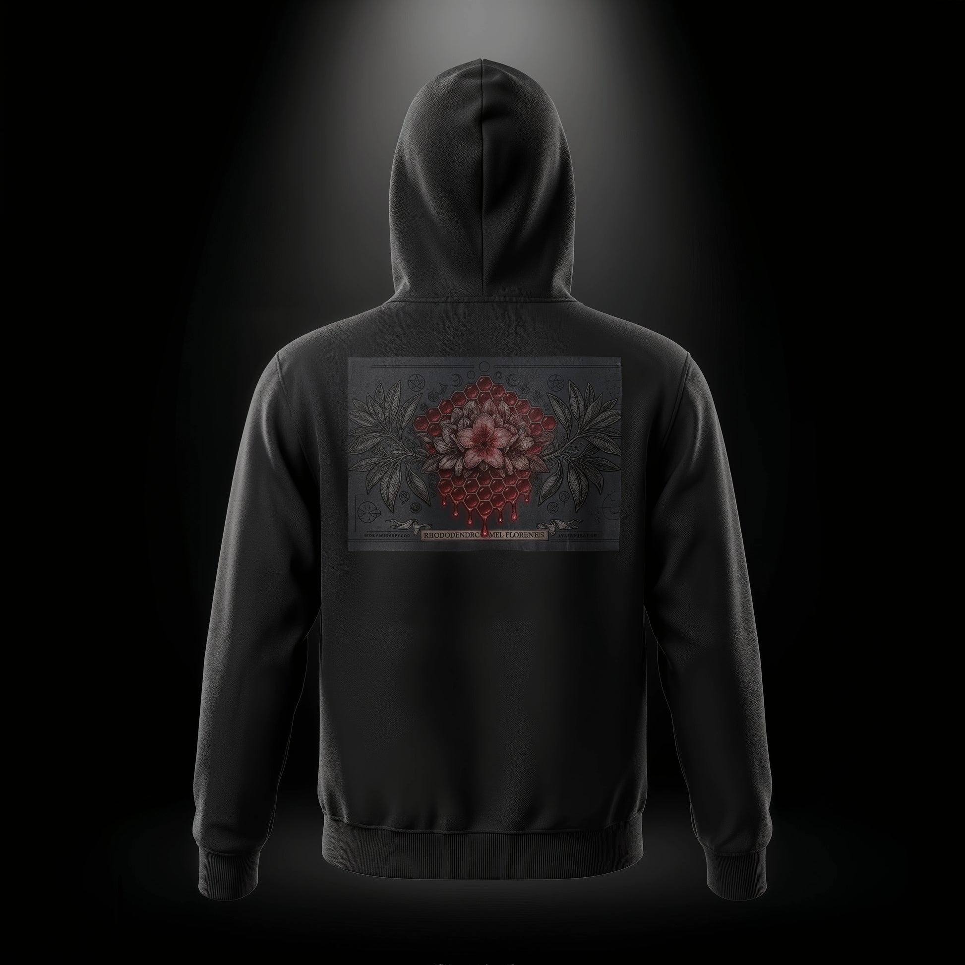 Rhododendron Mel Florentis — Hoodie Negro — Vista trasera con gráfico botánico