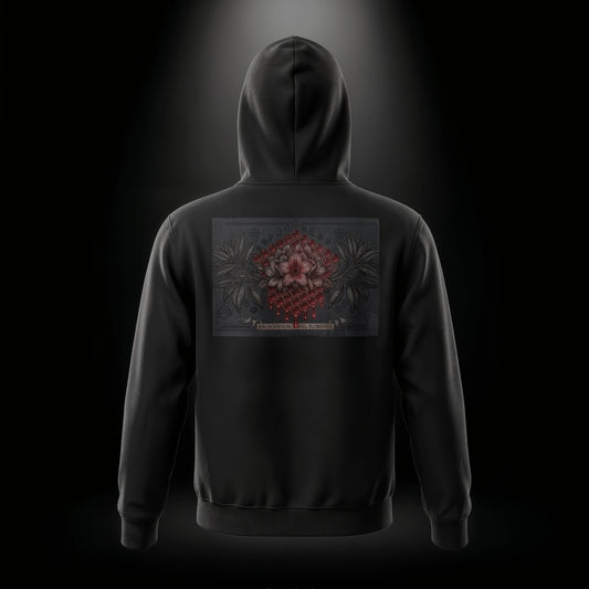 Rhododendron Mel Florentis — Hoodie Negro — Vista trasera con gráfico botánico